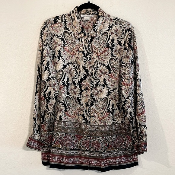 Anna & Frank Women’s Button Front Shirt Medium Black & Cream 100% Silk Paisley - Picture 1 of 13